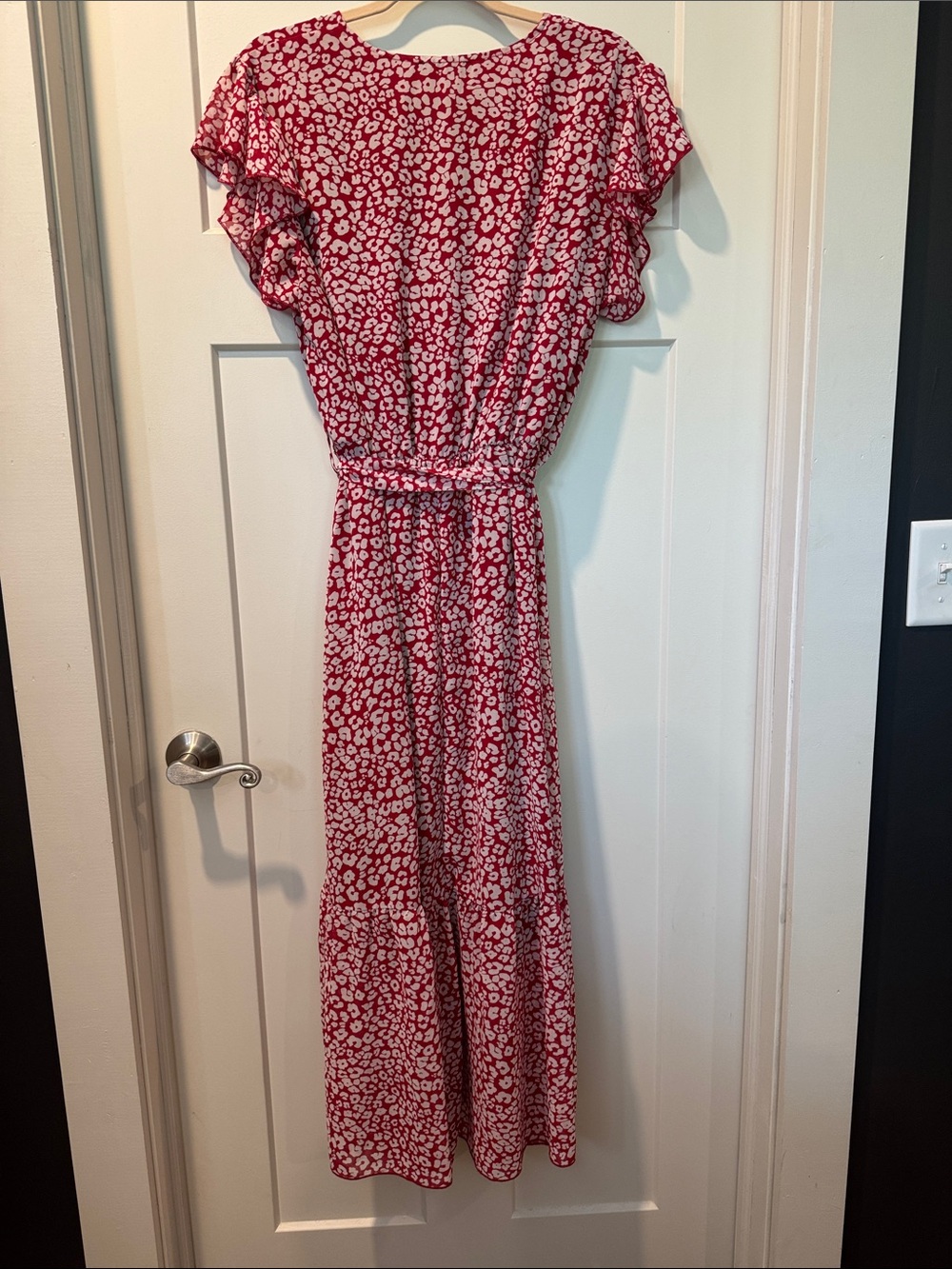 Red Floral Midi Wrap Dress with Tie Waist - Picture 5 of 6